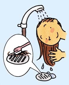 シャンプーした後に排水口の髪の毛を取り除いているイラスト