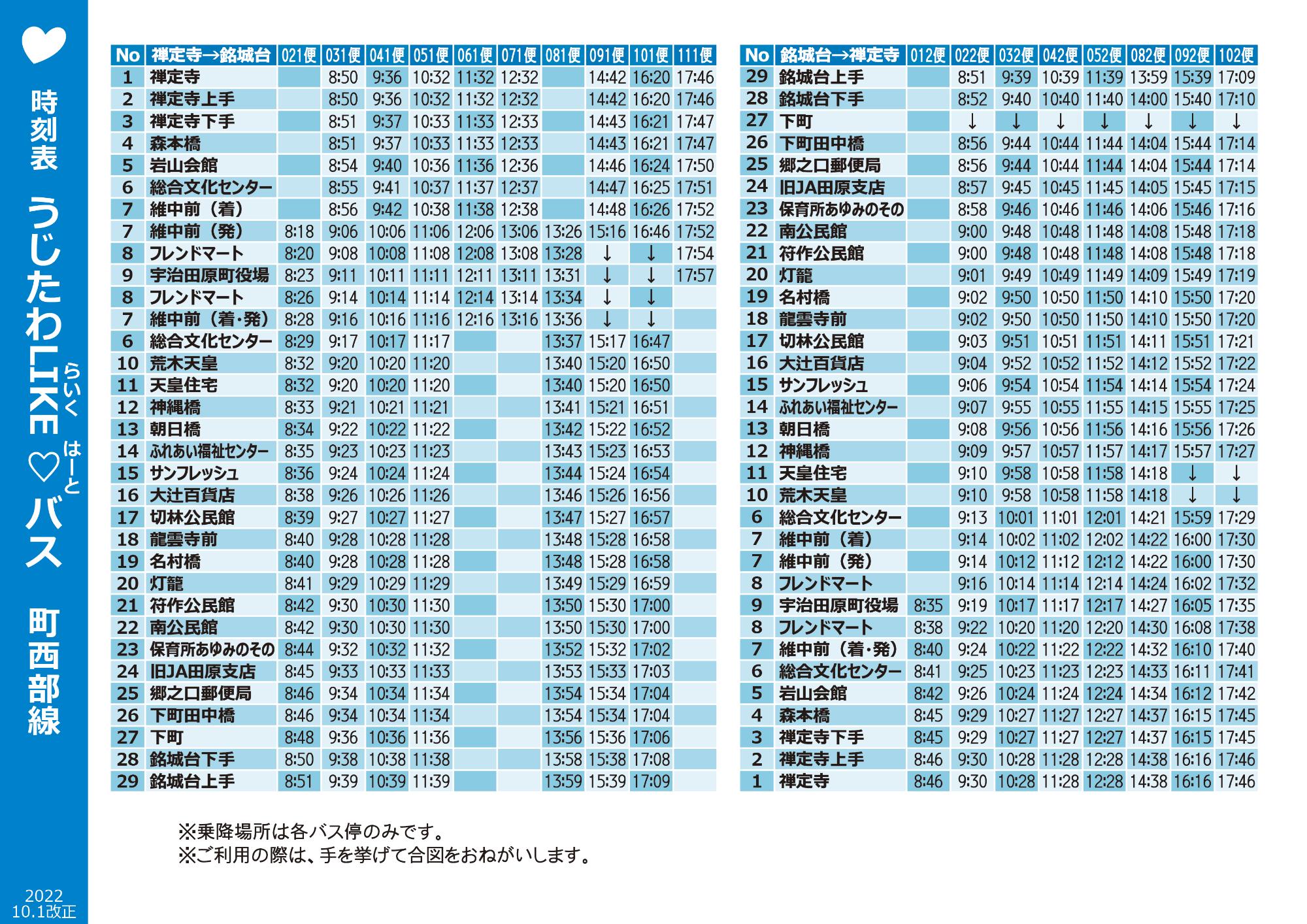 うじたわLIKE(らいく)はーとバス時刻表