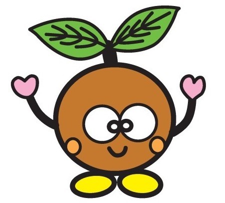 まるい茶色の顔、頭に葉が生えており手がピンク色のハートになっているまちのマスコット茶ッピーのイラスト