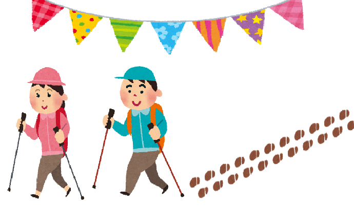 ノルディックウォーキングを笑顔で楽しむ男女のイラスト