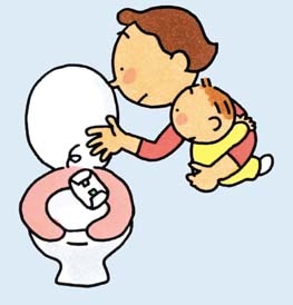 赤ちゃんを抱っこした女性が、トイレにおむつを流しているイラスト
