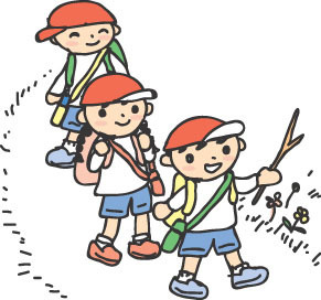 赤い帽子をかぶり、リュックサックを背負って水筒を肩に下げている3人の子供のイラスト