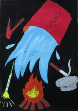 マッチの火や花火、たばこの吸い殻、たき火に火の用心と書かれた大きな赤いバケツが逆さまになって消火している様子を描いた、優秀賞受賞の青山昊平さんの作品の写真