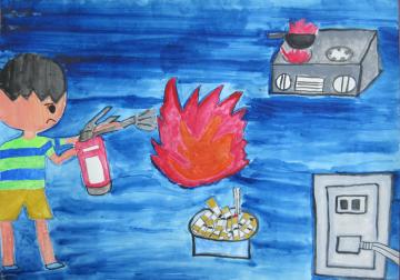 コンセントやガスコンロ、たばこの吸い殻から出た火災に男の子が消火器を向けて消火している様子を描いた、優秀賞受賞の奥野愛弓さんの作品の写真