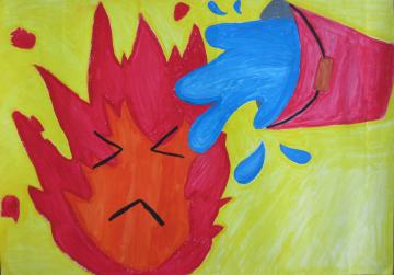 バケツで水をかけられた顔のある炎が目を瞑っているのを描いた、優秀賞受賞の大石咲里さんの作品の写真