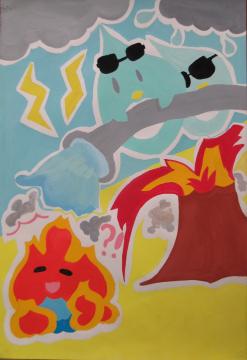 木が燃えている横にいる炎や、雨のキャラクターが放水して消火をしている様子を描いた、優秀賞受賞の清水萌花さんの作品の写真