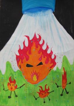 目と口に手足のある炎が、上から出ている大きな蛇口の水で消されている様子を描いた、優秀賞受賞の吉田空留さんの作品の写真