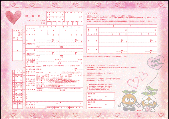 ハートと茶ッピーをあしらったピンク色のオリジナル婚姻届の写真