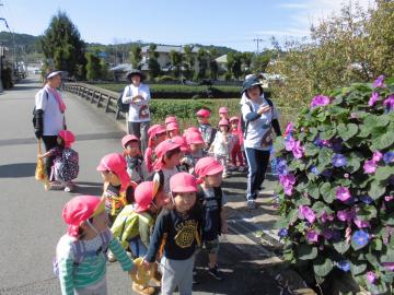 子どもたちが遠足でお花を見ている様子の写真