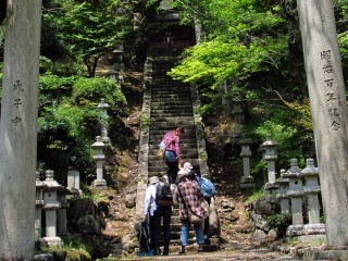 参加した親子が手を繋ぎながら階段を登っている写真