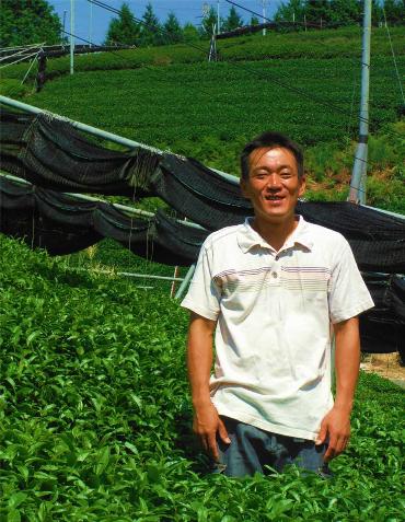 茶畑で笑顔で写っている勝谷さんの写真